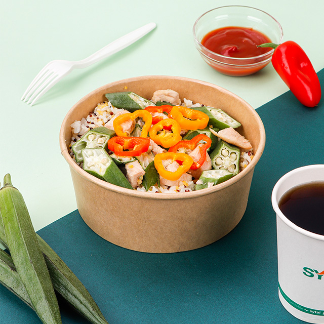 Logo personnalisé imprimé rond rond Kraft 1300 ml de salade en papier avec couvercle pour animaux de compagnie pour nouilles alimentaires